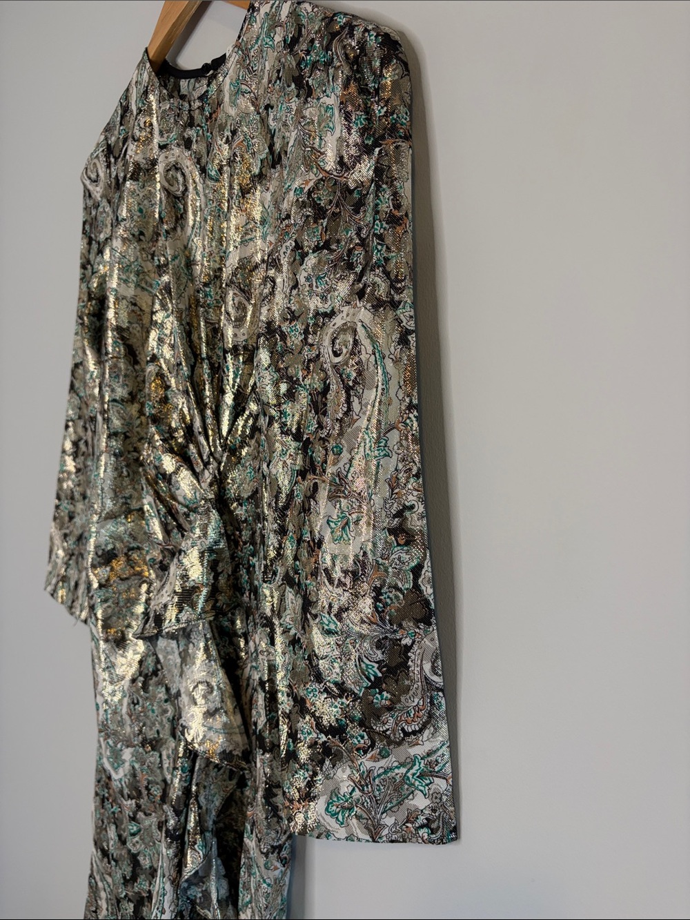 Sandro Paris Long-Sleeve Metallic Paisley Twist-Front Midi Dress - Silver Green - Picture 4 of 14